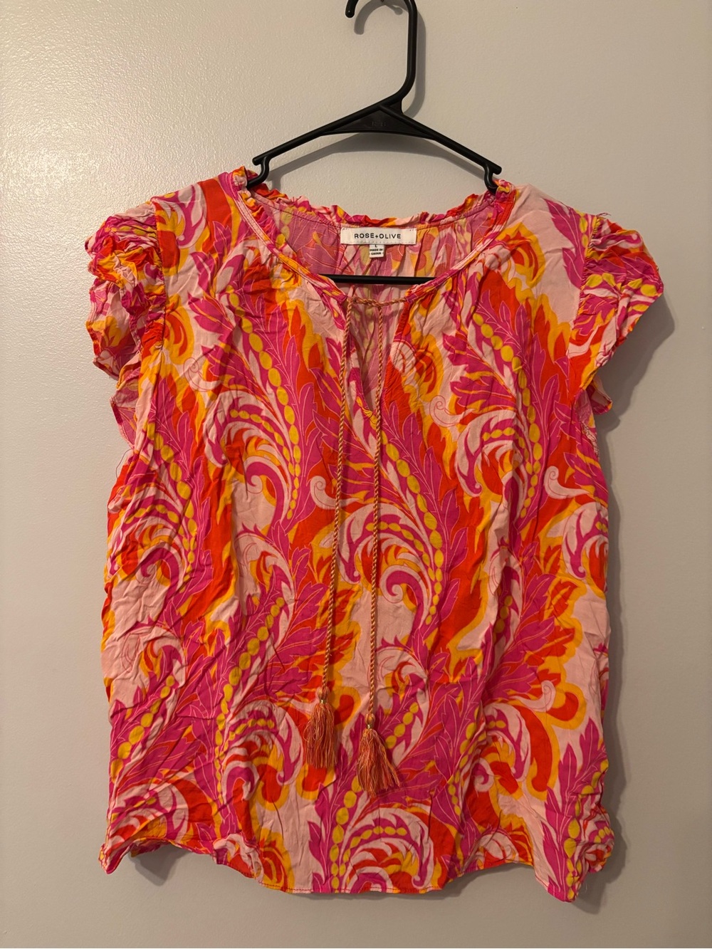 Rose & Olive Pink & Orange Paisley Tie-Front Blouse